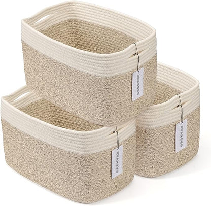 Cotton Rope storage Basket Bins Woven Basket for Organizing Shelves Rectangle Decorative Baskets For storage Clothes Toys Books Towels Square Wicker Nursery basket organizer 3 pack white and brown