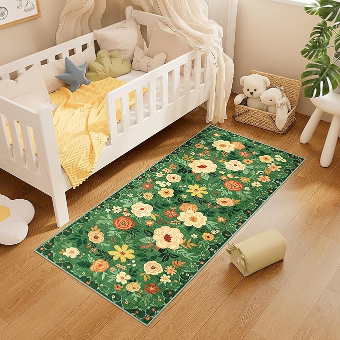 DUKINO 2x5 Runner Rug for Hallway, Washable Kitchen Floral Runner Rug with Non Slip Backing, Low Pile Soft Boho Carpet for Kitchen, Hallway, Entryway, Laundry, Bedroom, Dark Green