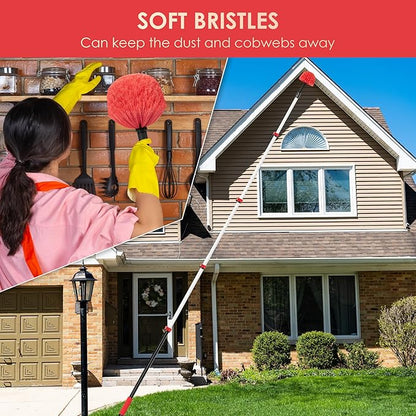 6-24 FT Cobweb Duster with Extension Pole, 30 FT High Reach Spider Web Brush with Telescopic Pole, Extendable Duster with 2 Outdoor Cobweb Brushes, Duster for High Ceiling