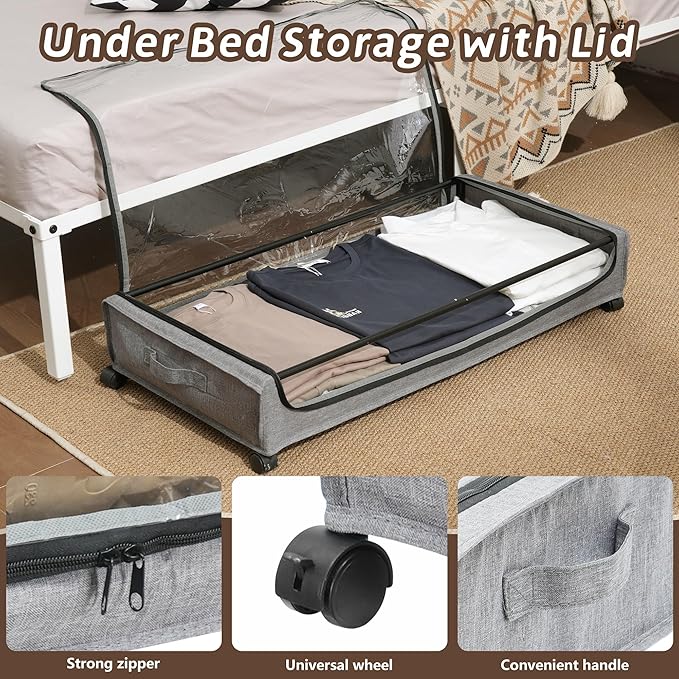 UnderBed Storage Containers, UnderBed Shoe Storage with Wheels, Under Bed Drawers for Clothes Book Blankets, Dorm Bedroom Organizer