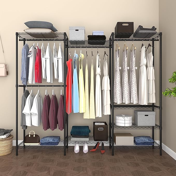 Heavy Duty Garment Rack,Freestanding Clothing Rack with 4 Hang Rods & 8 Shelves,Adjustable Closet Racks,68.5" L x 13.8" W x 75.2" H, Max Load 800LBS, Black