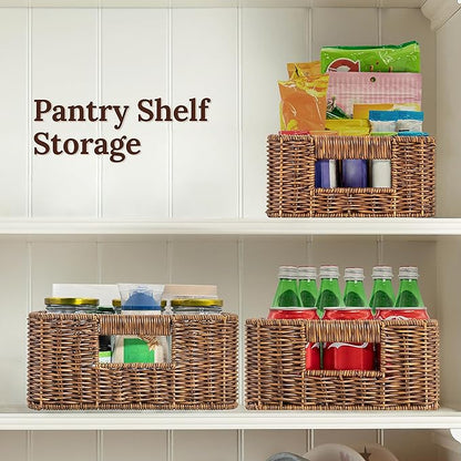 Baskets for Organizing, Undershelf Wicker Storage, Hand Woven Organizer for Closet Organization, Rectangular, Set of 3, Toffee