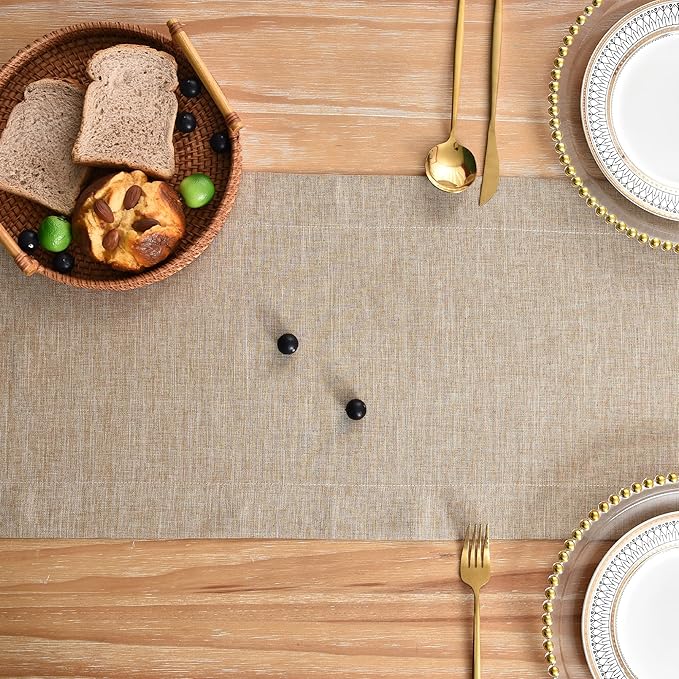 NEWISHER Farmhouse Rustic Table Runner Solid Flaxen Rectangular Table Runners Faux Linen Table Runner for Everyday Use Kitchen Dining Party Table 13x48 Inch