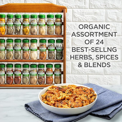 McCormick Gourmet Three Tier Wood 24 Piece Organic Spice Rack Organizer with Spices Included, 27.6 oz