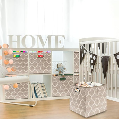 SIMPLE HOUSEWARE 13-Inch Collapsible Fabric Cube Storage Bin with Handles, Printed Design, 3 Pack, Beige