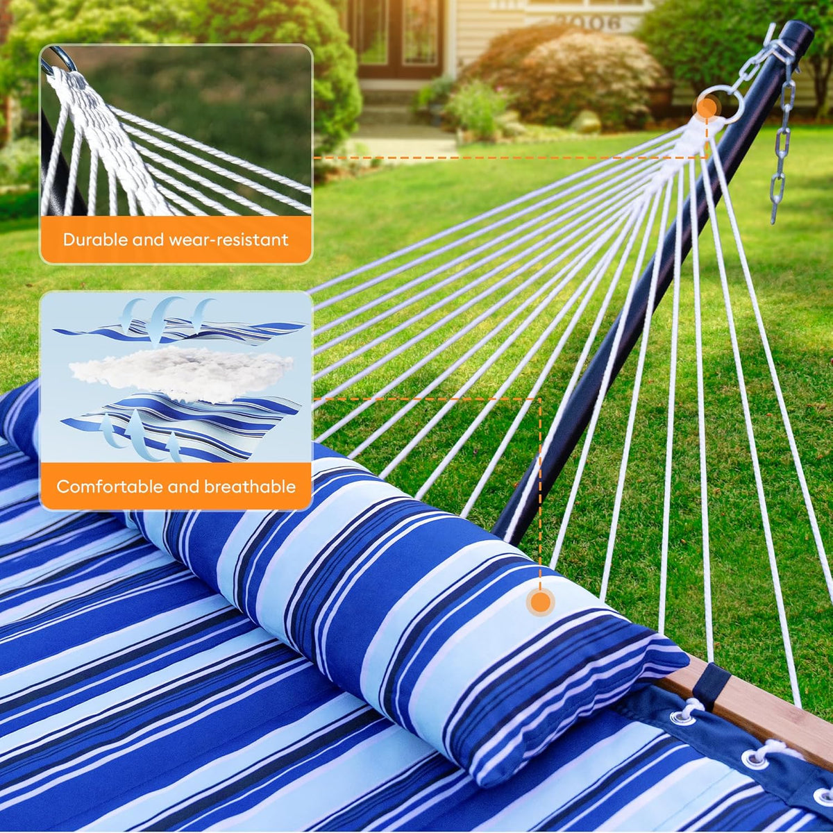 Double Hammock with Spreader Bar,Soft Pillow,Max Load 500lbs,Portable Hammock for Outdoor,Camping,and Backyard,Blue