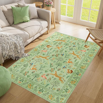 DUKINO 4x6 Rug, Washable Animal Area Rug with Non Slip Vintage Design, Indoor Soft Low Pile Carpet for Bedroom, Nursery, Dining Room, Farmhouse, Playroom, Light Green