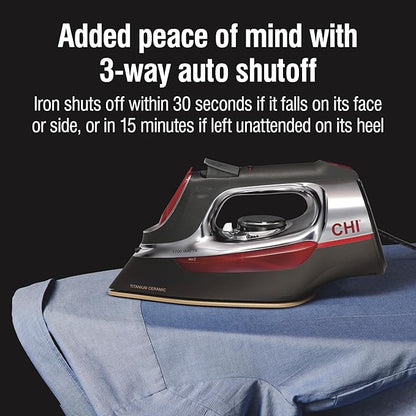 CHI Steam Iron for Clothes with 8’ Retractable Cord, 1700 Watts, 3-Way Auto Shutoff, 400+ Holes, Professional Grade, Temperature Control Dial, Titanium Infused Ceramic Soleplate, Silver (13106)