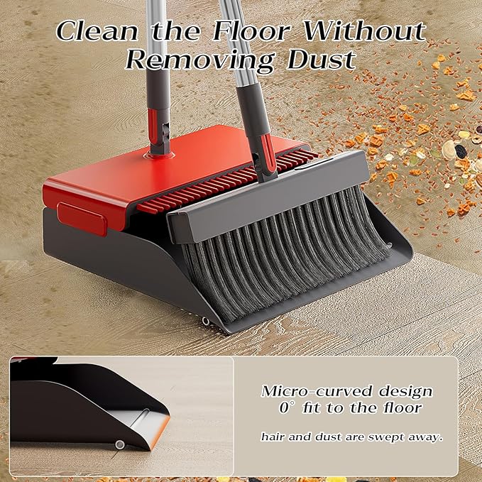 Broom with Dustpan Combo Set 180 Degree Rotating Broom Set with Comb Teeth Upright Standing Dust Pan with Adjustable Long Handle for Home Room Kitchen