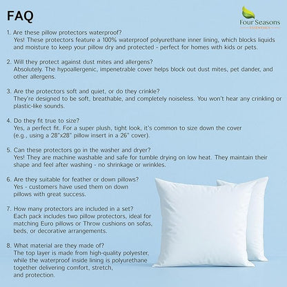 Euro Size Pillow Protectors (Set of 2) - European Square 28x28 Pillow Covers Waterproof Hypoallergenic Dust Proof Zippered Encasement