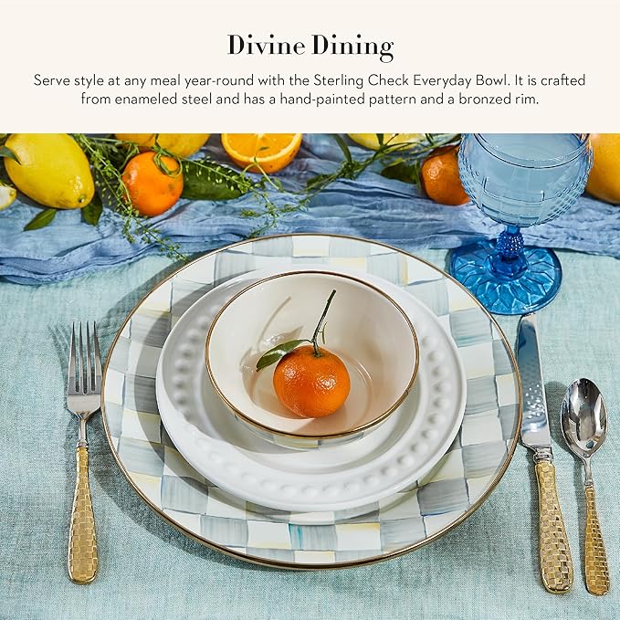 MACKENZIE-CHILDS Enamel Everyday Bowl, Serving Bowl for Entertaining, Extra-Small, Gray-and-White Sterling Check, Set of 4