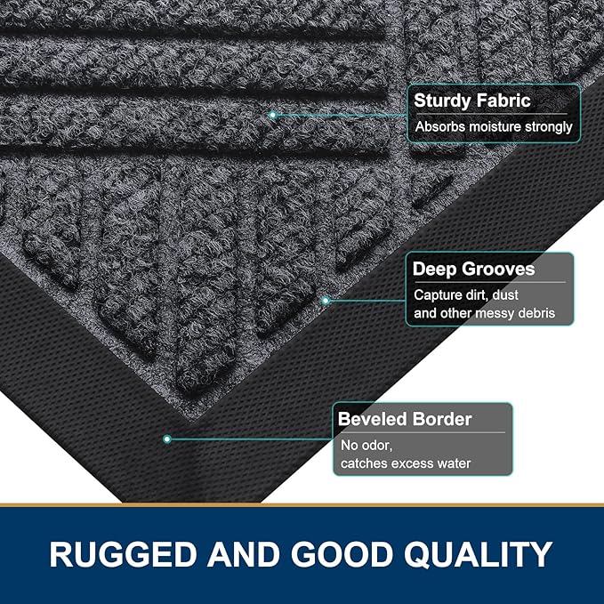 Smiry Front Door Mat Outside Entrance, Heavy Duty Outdoor Indoor Natural Rubber Doormat, Non Slip, Trap Dirt and Moisture, Easy Clean, Low Profile Patio Porch Entryway Mat, 29.5x17, Dark Grey