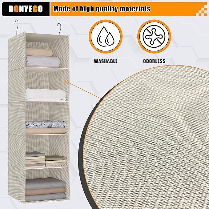 Hanging Closet Organizer, Easy Mount Foldable 5-Shelf Hanging Closet Wardrobe Storage Shelves, Clothes Handbag Shoes Accessories Storage, Imitation Linen Fabric, Beige Houndstooth