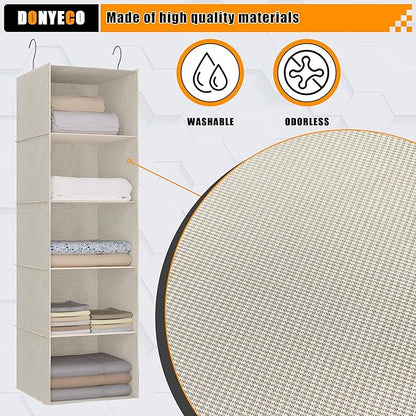 Hanging Closet Organizer, Easy Mount Foldable 5-Shelf Hanging Closet Wardrobe Storage Shelves, Clothes Handbag Shoes Accessories Storage, Imitation Linen Fabric, Beige Houndstooth