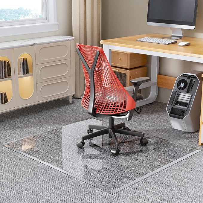 [Tempered Glass] 55“ x 46” Beveled Edge Glass Chair Mat with Polished Edge Clear Office Chair Mat, Glides Smoothly, Suitable for Carpet or Hardwood Floors