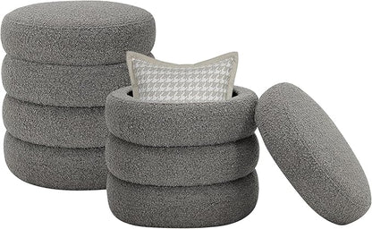Round Ottoman with Storage Boucle Ottoman Stool Removable Lid for Living Room Modern Upholstered Vanity Storage Stool Foot Rest Bedroom Dorm Gifts Set of 2 (Grey)
