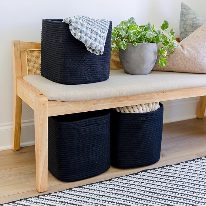 NaturalCozy Storage Cubes 11 Inch Cotton Rope Woven Baskets for Organizing, 3-Pack | Cube Storage Bin | Square Storage Baskets for Shelves Organizer, Classroom, Kids Toy Bins, Closet, Baby Nursery