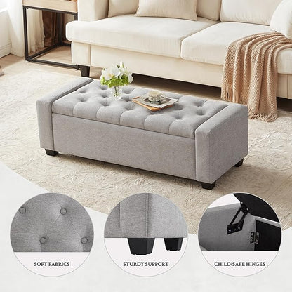48" Ottoman with Storage, Storage Ottoman Bench with Safety Hinge, Upholstered Entryway Bench with Seating for Bedroom, Living Room, Holds up to 330 lb(Light Gray)