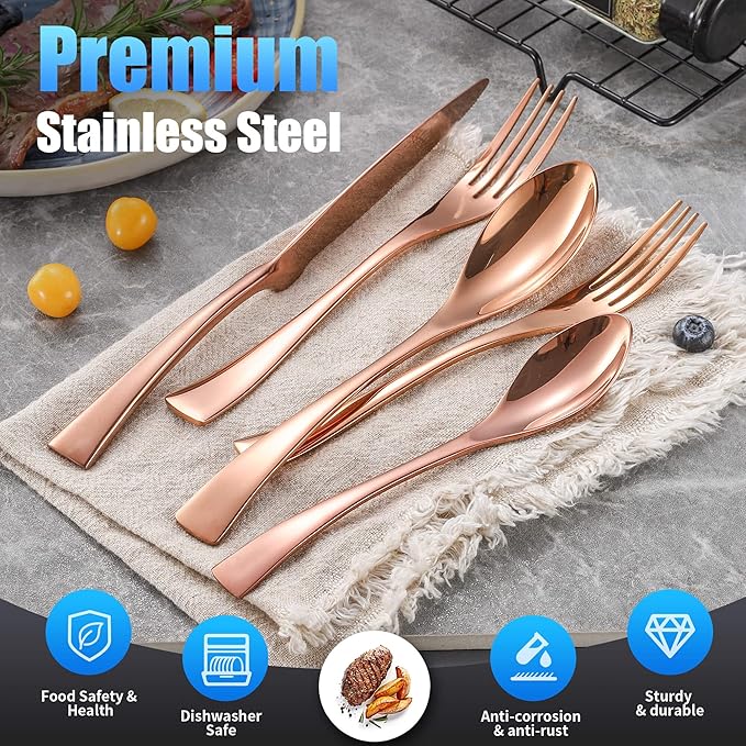Lemeya 20-Piece Rose Gold Silverware Set for 4,Heavy Duty 18/10 Stainless Steel Cutlery Set with Forged Stand Knife,Modern Flatware Utensils Set,Forks Spoons and Knives Set,Dishwasher Safe