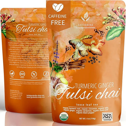Organic Turmeric Ginger Tulsi Chai Tea | Loose Leaf | Ayurvedic Superfood Blend | Herbal and Caffeine-Free | 55+ Cups | KSA Kosher | 4 oz