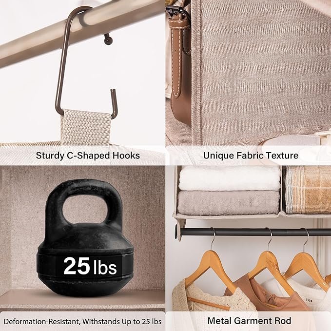 StorageWorks Hanging Closet Organizer with Metal Rod, 4-Section Closet Organizers and Storage, Collapsible Hanging Shelves for Baby Clothes, Shoes, Sweater Storage, Brown and Beige