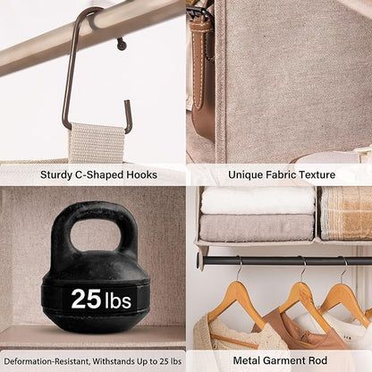 StorageWorks Hanging Closet Organizer with Metal Rod, 4-Section Closet Organizers and Storage, Collapsible Hanging Shelves for Baby Clothes, Shoes, Sweater Storage, Brown and Beige