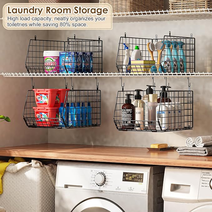 Deeper 4'' Design 5 Tier Foldable Hanging Closet Organizer and Storage，Wire Cabinet Shelves and Rack with 5 S Hooks,Stackable Metal Basket Bins for Clothes Shoe Purse,Holder for Wardrobe Dorm,Black