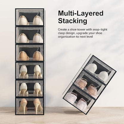 SEE SPRING 12 Pack Shoe Storage Box, Clear Plastic Stackable Shoe Organizer for Closet, Space Saving Shoe Rack for Entryway Sneaker Container Bin Holder (Black)