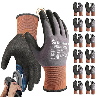 Schwer 12 Pairs Safety Work Gloves with Sandy Nitrile Coating LT5626, Max Abrasion Resistance Heavy Duty Gloves with Grip for Men Women, Ideal for General Use, Mechanic, Construction, Gardening, XL