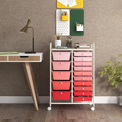 GOFLAME 15-Drawer Rolling Storage Cart, Multipurpose Movable Organizer Cart, Utility Cart for Home, Office, School, Pink