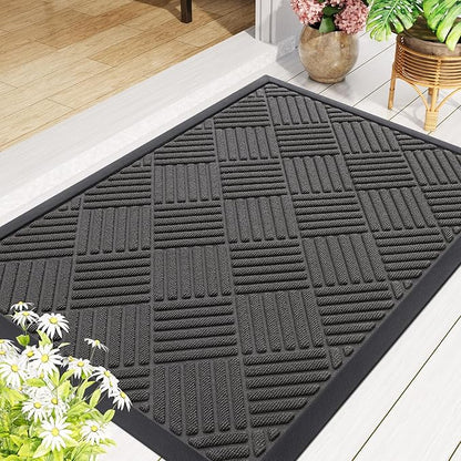 Smiry Front Door Mat Outside Entrance, Heavy Duty Outdoor Indoor Natural Rubber Doormat, Non Slip, Trap Dirt and Moisture, Easy Clean, Low Profile Patio Porch Entryway Mat, 59x20, Grey
