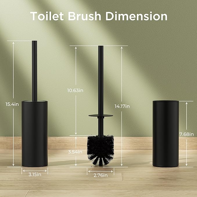 Toilet Brush and Holder Set, Toilet Bowl Brush with Heavy Duty 304 Stainless Steel Base and Extra Long Handle, Toilet Bowl Cleaners Brush for Bathroom (Matte Black)