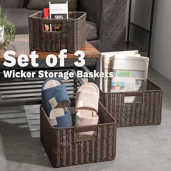myHomeBody Wicker Storage Basket, Storage Cubes, Woven Baskets for Organizing, Resin Wicker Set of 3, Rustic Brown