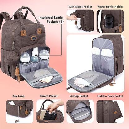 Dikaslon Diaper Bag Backpack with Portable Changing Pad, Pacifier Case and Stroller Straps, Large Unisex Baby Bags for Boys Girls, Multipurpose Travel Back Pack Moms Dads, Brown
