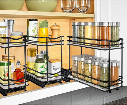 LYNK PROFESSIONAL® Pull Out Spice Rack Organizer for Inside Kitchen Cabinets - 4-1/4 inch Wide - Slide Out Drawer – Black Sliding Spice Cabinet Organization Shelf Racks - 2 Tier