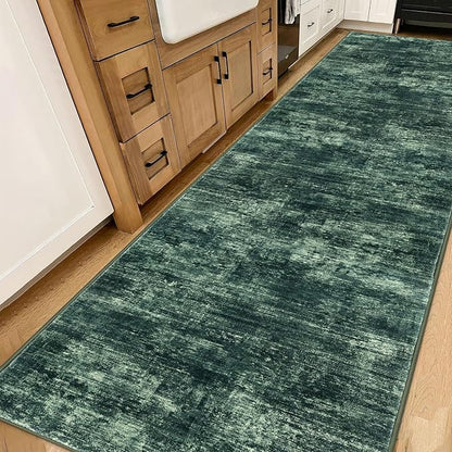 IOHOUZE Abstract Runner Rug 3x14 Ft Washable Runners for Hallways, Non Slip Kitchen Runner Printed Faux Wool Entryway Runner Indoor, Modern Abstract Floor Carpet for Hall Stair, Dark Green