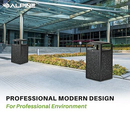 Alpine Outdoor Commercial Trash Can with Lid - 40 Gallon Heavy Duty Metal Garbage Can with Removable Bin, Locking Lid for a Modern Look in Park, Mall & High Traffic Areas - Black, Grey Stone Panels