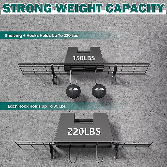 EVERHANGER Garage Wall Shelves, 12 X 48 Inch Wall Mounted Storage Shelves, Heavy Duty Metal Shelving with Hooks, 2 Pack, Black