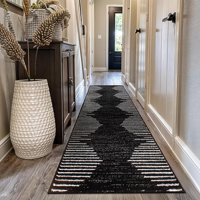 Rugshop Bohemian Stripe Stain Resistant High Traffic Living Room Kitchen Bedroom Dining Home Office Runner Rug 2'7" x 8' Black