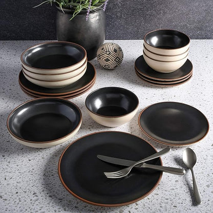 Gibson Elite Contempo Classic Double Bowl Dinnerware Set, Service for 4 (16pcs), Black