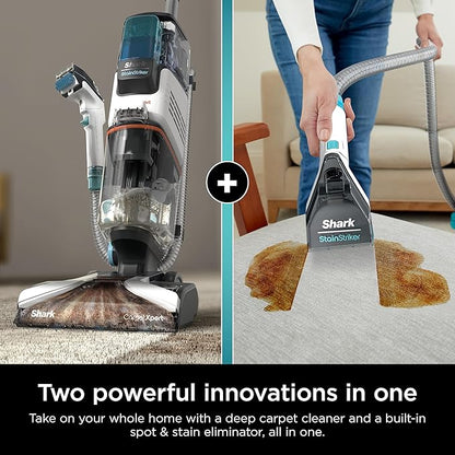 Shark CarpetXpert with StainStriker Upright Carpet, Area Rug & Upholstery Cleaner with Pet Mess Extractor Tool, Perfect for Pets, Carpet Shampooer, 3 Cleaning Tools, Cleaning Solutions, White, EX201