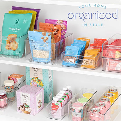 Plastic Food Storage 8 Pack Clear Container Bin with Handles for Organizing Kitchen, Pantry, Refrigerator, Freezer, Pantry, Cabinet, Closet, Bathroom. Stackable 10”x8”x3”