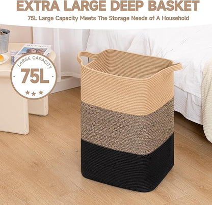 CLHMILY&Z 75L Laundry Basket Rectangular Black Jute Rope - 16x13x22 Inches - Dirty Clothes and Soft Storage Bin for Blankets, Toys, and Nursery Essentials