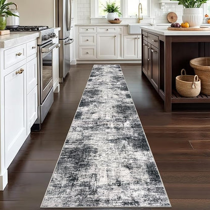 IOHOUZE Abstract Runner Rug 2x12 Ft Washable Runners for Hallways, Non Slip Kitchen Runner Printed Faux Wool Entryway Runner Indoor, Modern Abstract Floor Carpet for Hall Kitchen, Black Gey