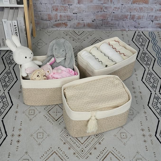 Cotton Rope storage Basket Bins Woven Basket for Organizing Shelves Rectangle Decorative Baskets For storage Clothes Toys Books Towels Square Wicker Nursery basket organizer 3 pack white and brown