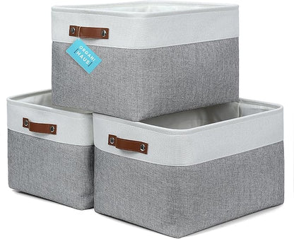 OrganiHaus Extra Large Fabric Storage Baskets for Shelves 3 Pack | 16x13in Closet Storage Bins for Shelves | Cloth Baskets for Organizing | Linen Closet Organizers | Fabric Storage Bin - Gray/White
