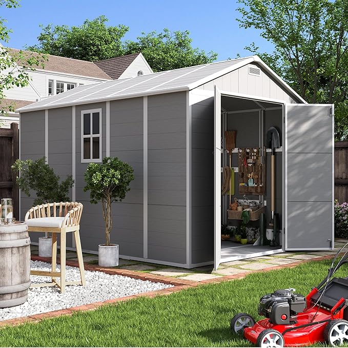 UDPATIO Outdoor Storage Shed 7.5x10.7 FT, Grey & White Resin & Steel Shed with Lockable Door for Backyard, Patio, Lawn