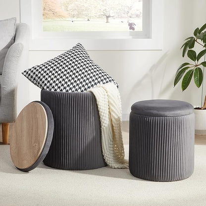 Royal Windsor Round Ottoman with Storage Set of 2,Vanity Stool with Storage for Bedroom, Ottoman Coffee Table,Small Velvet Foot Stool for Living Room,Grey