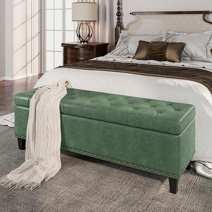 Storage Ottoman Bench, 51-Inch Large Storage Bench for Bedroom End of Bed, 30 Gallons Faux Leather Bench for Bedroom, Living Room, Entryway, Hallway, Green