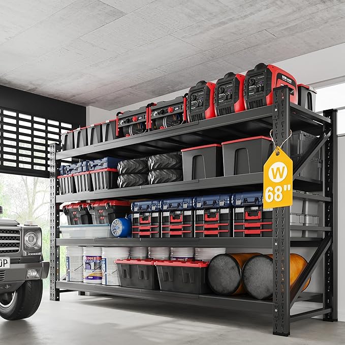 8000LBS Metal Steel Storage Shelves - 68" W Black 4 Tier Heavy Duty Rack Commercial Industrial Shelving with Adjustable Shelf for Basement Garage Warehouse - 68" W x 24" D x 63.4" H